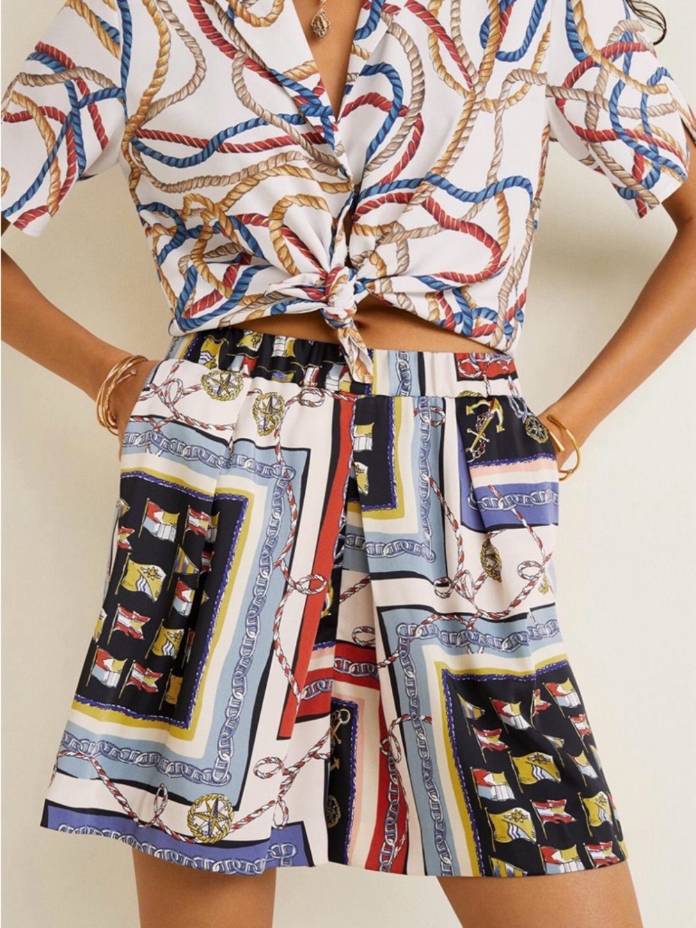 Mango Rope-Print High-Waist Shorts in White, Blue, Red